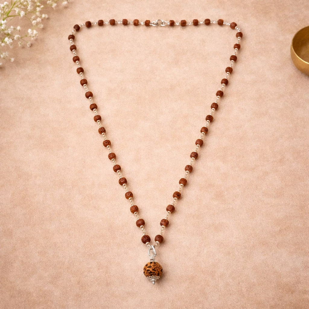 5 Mukhi Silver Rudrakasha Mala-With Natural Gauri - Shankar Pendent